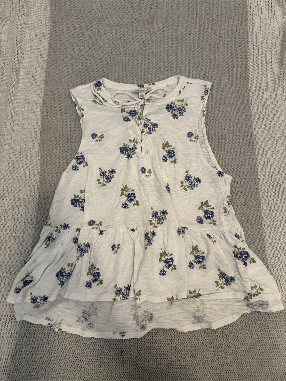 Lucky Brand Small Floral Peplum Tank Top Lace Up White Blue Cottagecore
